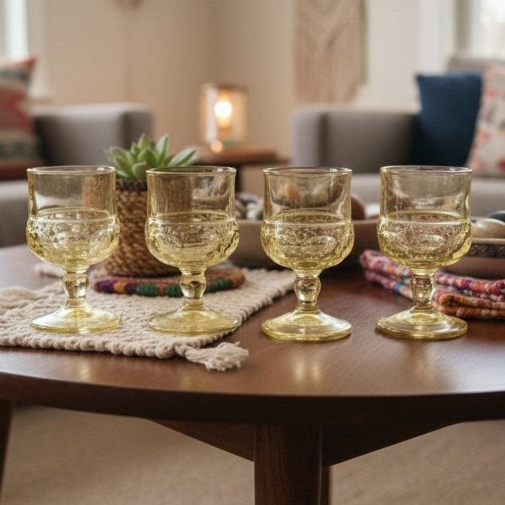 Indiana Glass Kings Crown Thumbprint Goblets, Set of 4, Vintage Yellow Stemware